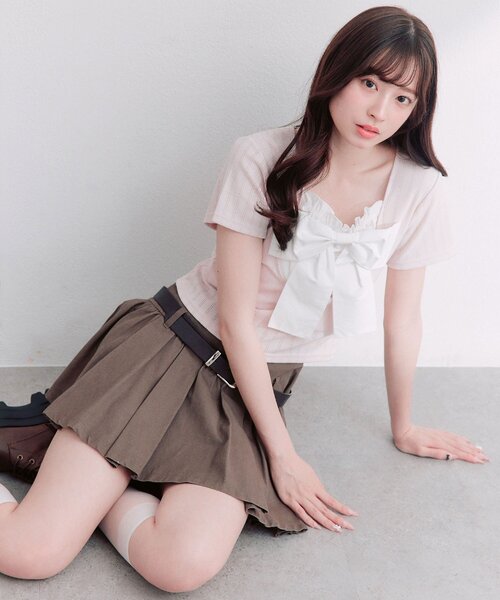 OLIVE des OLIVE(オリーブデオリーブ)の「【1枚で着回し】リボン映え半袖トップス(Tシャツ/カットソー・レディース・ピンク/ブラック/トップグレー/ミント/オフホワイト・FREE)」の22枚目の写真