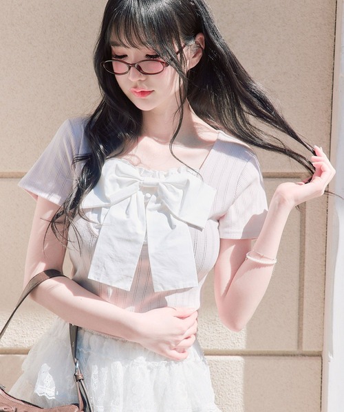 OLIVE des OLIVE（オリーブデオリーブ）の「リボン映え半袖トップス（Tシャツ/カットソー・レディース・ピンク/ブラック/トップグレー/ミント・FREE）」の4枚目の写真