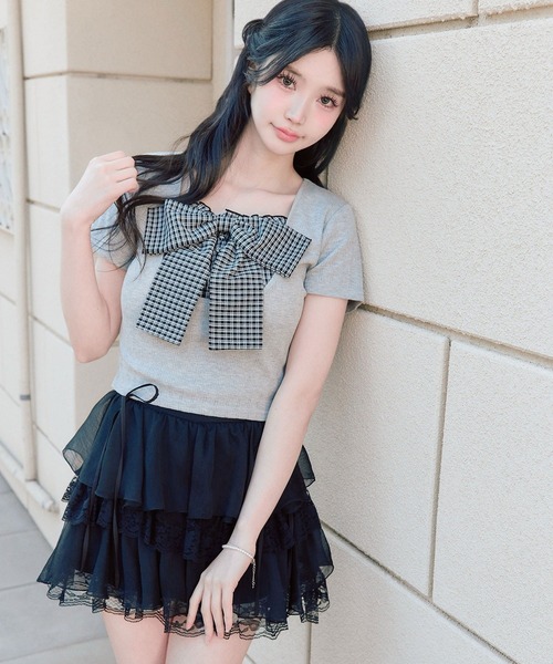 OLIVE des OLIVE（オリーブデオリーブ）の「リボン映え半袖トップス（Tシャツ/カットソー・レディース・ピンク/ブラック/トップグレー/ミント・FREE）」の3枚目の写真