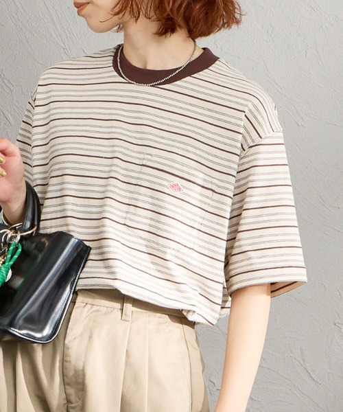 DANTON（ダントン）の「[DANTON/ダントン] ワンポイントロゴ ボーダーポケットTシャツ（Tシャツ/カットソー・レディース・ベージュ/キナリ/ブルー/チャコールグレー・M/XL/L/S）」の3枚目の写真