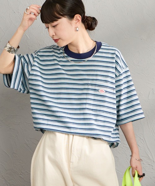 DANTON（ダントン）の「[DANTON/ダントン] ワンポイントロゴ ボーダーポケットTシャツ（Tシャツ/カットソー・レディース・ベージュ/キナリ/ブルー/チャコールグレー・M/XL/L/S）」の4枚目の写真