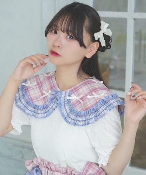 kutir(クティール)の「【クティールとレトロ】ダブルチェックリボンつけ襟(付け襟・レディース・グリーン/レッド/ピンク/ブルー・FREE)」の3枚目の写真