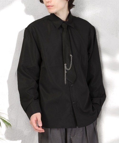 LUXSTYLE(ラグスタイル)の「チェーンネクタイ付き長袖シャツ(シャツ/ブラウス・メンズ・ブラック/ホワイト・L/M)」の2枚目の写真