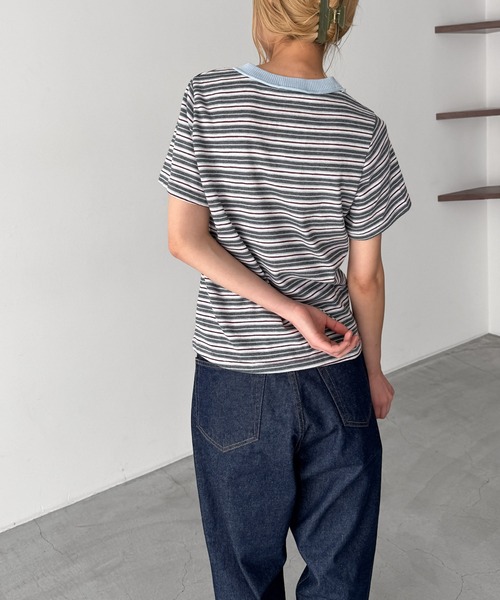CANAL JEAN(キャナルジーン)の「Lakey Park 襟リブ胸刺繍ボーダーリンガーTシャツ(Tシャツ/カットソー・レディース・サックスブルー/ブラウン・ONE SIZE)」の5枚目の写真