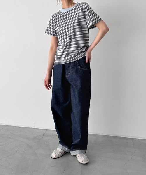 CANAL JEAN(キャナルジーン)の「Lakey Park 襟リブ胸刺繍ボーダーリンガーTシャツ(Tシャツ/カットソー・レディース・サックスブルー/ブラウン・ONE SIZE)」の6枚目の写真