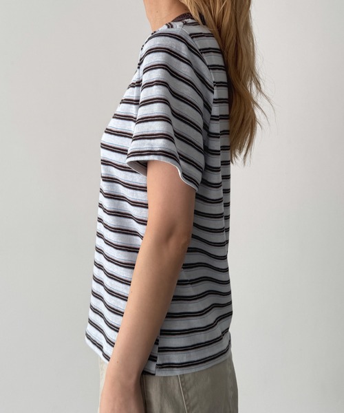 CANAL JEAN(キャナルジーン)の「Lakey Park 襟リブ胸刺繍ボーダーリンガーTシャツ(Tシャツ/カットソー・レディース・サックスブルー/ブラウン・ONE SIZE)」の9枚目の写真