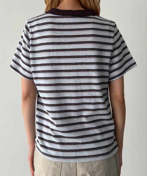 CANAL JEAN(キャナルジーン)の「Lakey Park 襟リブ胸刺繍ボーダーリンガーTシャツ(Tシャツ/カットソー・レディース・サックスブルー/ブラウン・ONE SIZE)」の10枚目の写真