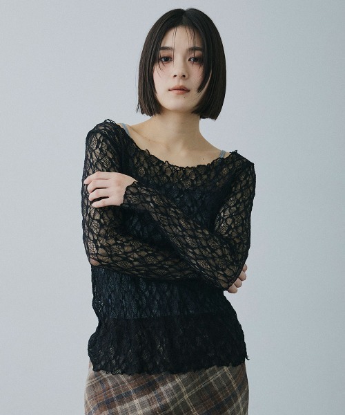 Clum（クルム）の「sheer lace tops / シアーレーストップス（Tシャツ/カットソー・レディース・ブラック/ホワイト/ベージュ・FREE）」の2枚目の写真