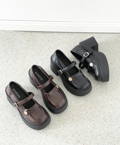 Shoes in Closet(シューズインクローゼット)の「+8.0㎝ 軽量 厚底 スクエアトゥ コイン アクセント メリージェーン ローファー パンプス 485(ローファー・レディース・ブラック/ダークブラウン・S/M/L/LL)」の22枚目の写真