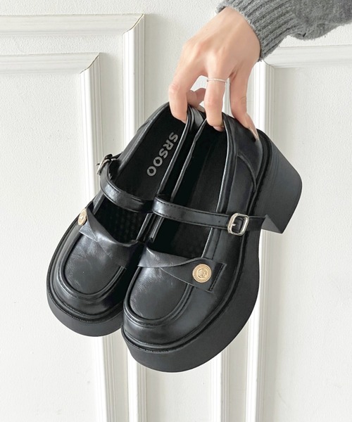 Shoes in Closet(シューズインクローゼット)の「+8.0㎝ 軽量 厚底 スクエアトゥ コイン アクセント メリージェーン ローファー パンプス 485(ローファー・レディース・ブラック/ダークブラウン・S/M/L/LL)」の10枚目の写真