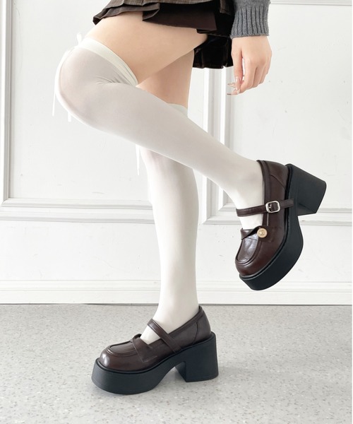 Shoes in Closet(シューズインクローゼット)の「+8.0㎝ 軽量 厚底 スクエアトゥ コイン アクセント メリージェーン ローファー パンプス 485(ローファー・レディース・ブラック/ダークブラウン・S/M/L/LL)」の12枚目の写真