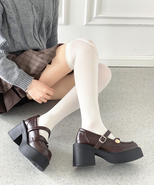 Shoes in Closet(シューズインクローゼット)の「+8.0㎝ 軽量 厚底 スクエアトゥ コイン アクセント メリージェーン ローファー パンプス 485(ローファー・レディース・ブラック/ダークブラウン・S/M/L/LL)」の15枚目の写真