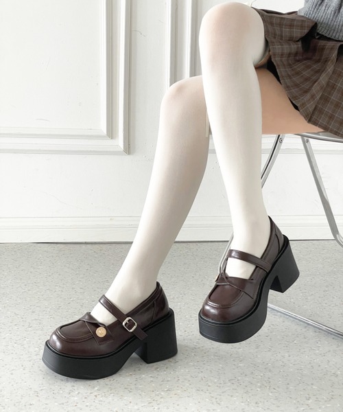 Shoes in Closet(シューズインクローゼット)の「+8.0㎝ 軽量 厚底 スクエアトゥ コイン アクセント メリージェーン ローファー パンプス 485(ローファー・レディース・ブラック/ダークブラウン・S/M/L/LL)」の17枚目の写真