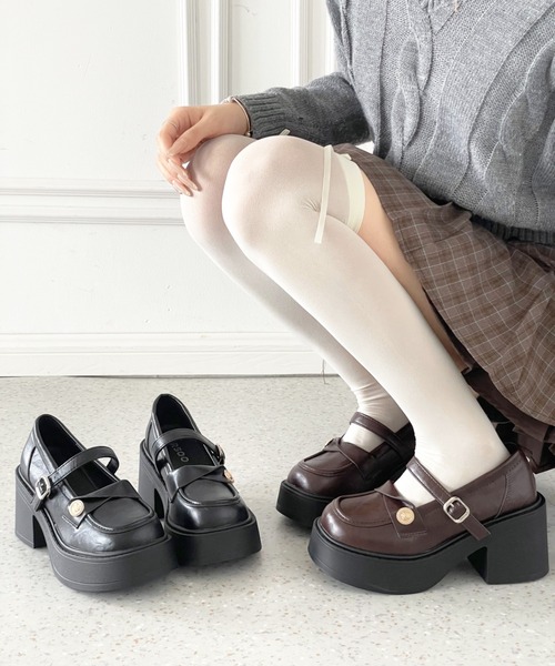 Shoes in Closet(シューズインクローゼット)の「+8.0㎝ 軽量 厚底 スクエアトゥ コイン アクセント メリージェーン ローファー パンプス 485(ローファー・レディース・ブラック/ダークブラウン・S/M/L/LL)」の21枚目の写真