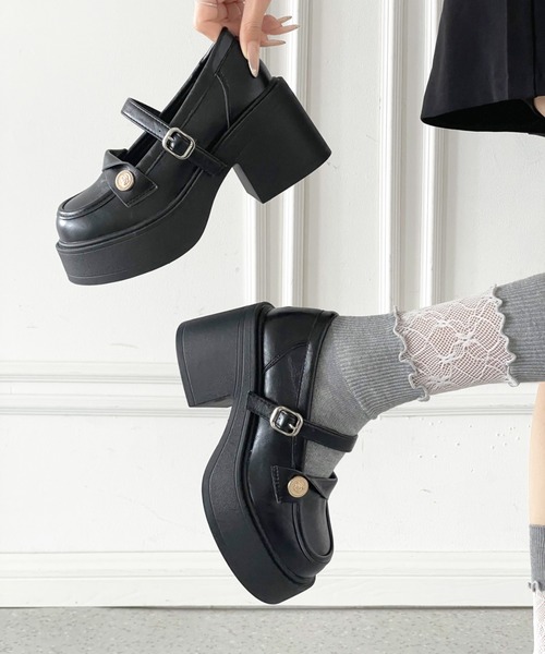 Shoes in Closet(シューズインクローゼット)の「+8.0㎝ 軽量 厚底 スクエアトゥ コイン アクセント メリージェーン ローファー パンプス 485(ローファー・レディース・ブラック/ダークブラウン・S/M/L/LL)」の9枚目の写真