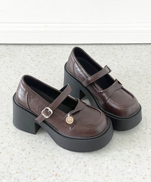 Shoes in Closet(シューズインクローゼット)の「+8.0㎝ 軽量 厚底 スクエアトゥ コイン アクセント メリージェーン ローファー パンプス 485(ローファー・レディース・ブラック/ダークブラウン・S/M/L/LL)」の19枚目の写真