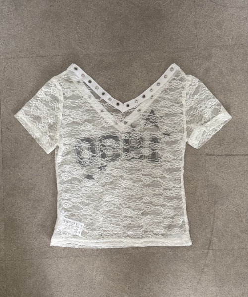 lilful（リルフル）の「【26年春夏新作】Y2K ナンバリングデザイン スタッズ&アイレットアクセント シアーレーストップス（Tシャツ/カットソー・レディース・ブラック/ホワイト・F）」の9枚目の写真