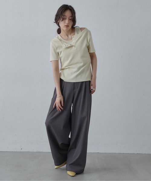 COLONY 2139（コロニートゥーワンスリーナイン）の「テレコレイヤードヘンリーネック半袖Tシャツ（Tシャツ/カットソー・レディース・グレー/ブラック/イエロー・FREE）」の19枚目の写真