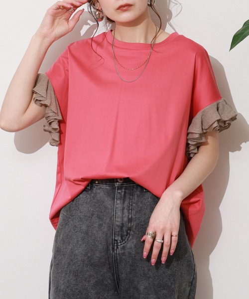 EGLANTINE（エグランティーヌ）の「EGLANTINE 袖ニットフリルカットソー 半袖（Tシャツ/カットソー・レディース・グレイッシュベージュ/コーラル/ブラック/オフホワイト・38）」の4枚目の写真