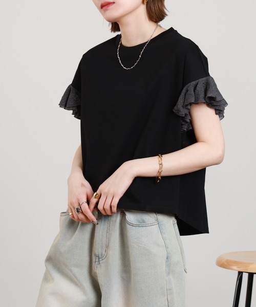 EGLANTINE（エグランティーヌ）の「EGLANTINE 袖ニットフリルカットソー 半袖（Tシャツ/カットソー・レディース・グレイッシュベージュ/コーラル/ブラック/オフホワイト・38）」の12枚目の写真