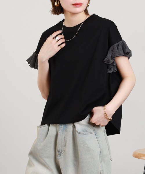 EGLANTINE（エグランティーヌ）の「EGLANTINE 袖ニットフリルカットソー 半袖（Tシャツ/カットソー・レディース・グレイッシュベージュ/コーラル/ブラック/オフホワイト・38）」の13枚目の写真