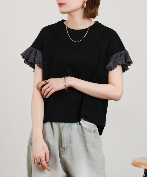 EGLANTINE（エグランティーヌ）の「EGLANTINE 袖ニットフリルカットソー 半袖（Tシャツ/カットソー・レディース・グレイッシュベージュ/コーラル/ブラック/オフホワイト・38）」の14枚目の写真