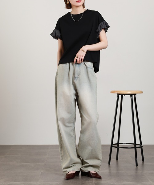 EGLANTINE（エグランティーヌ）の「EGLANTINE 袖ニットフリルカットソー 半袖（Tシャツ/カットソー・レディース・グレイッシュベージュ/コーラル/ブラック/オフホワイト・38）」の17枚目の写真