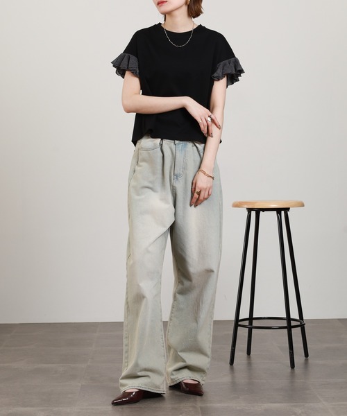 EGLANTINE（エグランティーヌ）の「EGLANTINE 袖ニットフリルカットソー 半袖（Tシャツ/カットソー・レディース・グレイッシュベージュ/コーラル/ブラック/オフホワイト・38）」の18枚目の写真