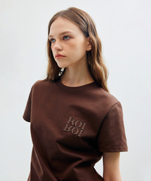 カットオフロゴ刺繍半袖Tシャツ-ブラウン