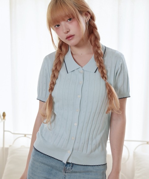 LiLIN(リリン)の「針抜き リブ 襟付き 半袖 ニット カーディガン(カーディガン/ボレロ・レディース・イエロー/ミント/ホワイト/グレー・FREE)」の1枚目の写真