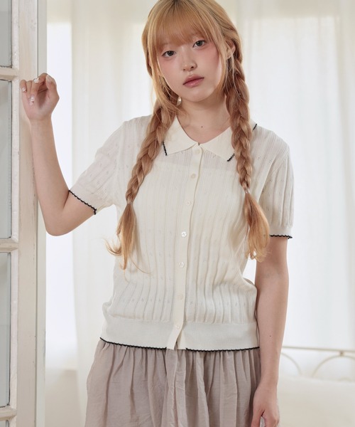 LiLIN(リリン)の「針抜き リブ 襟付き 半袖 ニット カーディガン(カーディガン/ボレロ・レディース・イエロー/ミント/ホワイト/グレー・FREE)」の8枚目の写真