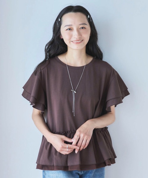Liora by archives（リオラバイアルシーヴ）の「高機能接触冷感レイヤードフレアスリーブＴＥＥ（Tシャツ/カットソー・レディース・ブラウン/チャコールグレー/ブラック/オフホワイト・MEDIUM/LARGE）」の4枚目の写真
