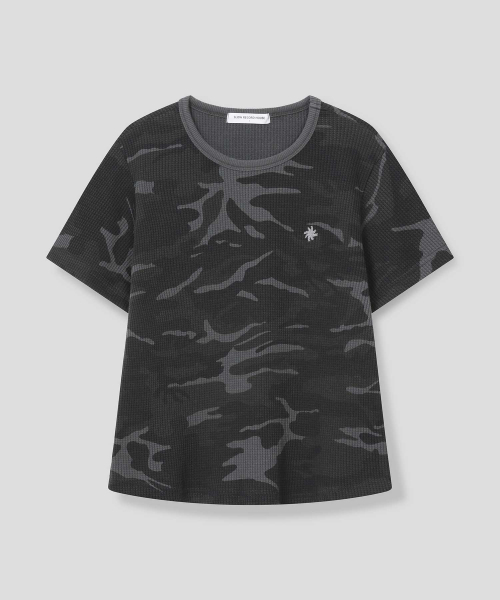 SLOW RECORD HOUSE(スローレコードハウス)の「ロゴワッフルクロップTシャツ_カモ(チャコール)(Tシャツ/カットソー・レディース・チャコール・1/2)」の2枚目の写真