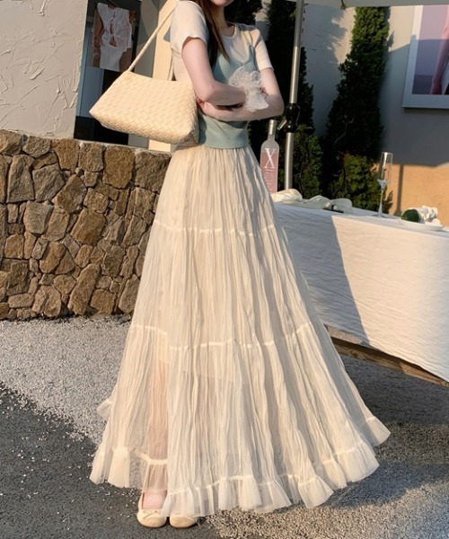 AMAJI(アマジ)の「メッシュ切替 Aライン ロング丈 スカート(スカート・レディース・ブラウン/ベージュ/ブラック/ライトブルー/ライトピンク・LARGE/MEDIUM)」の9枚目の写真