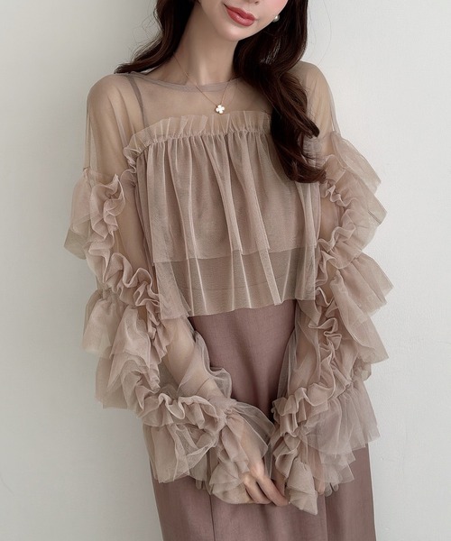 Meiru(メイル)の「チュールフリルトップス+マーメイドキャミワンピースset(ワンピース・レディース・ダークグレー/ブラック/ピンクベージュ・SMALL/MEDIUM/LARGE)」の3枚目の写真