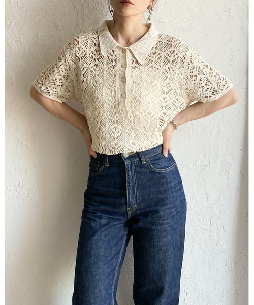 She's Closet(シーズクローゼット)の「半袖 襟付き ヘンリーネック ポロ かぎ針 クロシェ編み サマーニット(ニット/セーター・レディース・ブラック/アイボリー・FREE)」の17枚目の写真