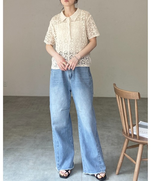 She's Closet(シーズクローゼット)の「半袖 襟付き ヘンリーネック ポロ かぎ針 クロシェ編み サマーニット(ニット/セーター・レディース・ブラック/アイボリー・FREE)」の21枚目の写真