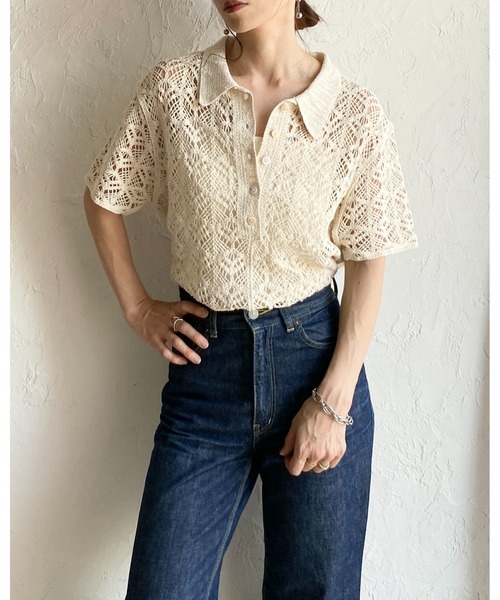 She's Closet(シーズクローゼット)の「半袖 襟付き ヘンリーネック ポロ かぎ針 クロシェ編み サマーニット(ニット/セーター・レディース・ブラック/アイボリー・FREE)」の4枚目の写真
