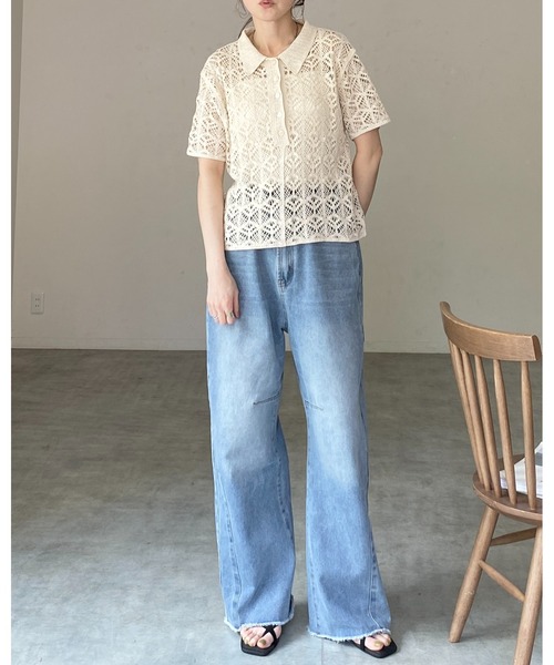 She's Closet(シーズクローゼット)の「半袖 襟付き ヘンリーネック ポロ かぎ針 クロシェ編み サマーニット(ニット/セーター・レディース・ブラック/アイボリー・FREE)」の11枚目の写真