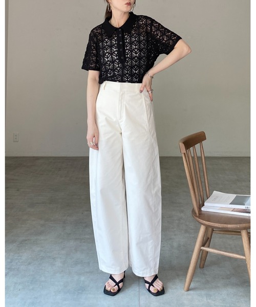 She's Closet(シーズクローゼット)の「半袖 襟付き ヘンリーネック ポロ かぎ針 クロシェ編み サマーニット(ニット/セーター・レディース・ブラック/アイボリー・FREE)」の12枚目の写真