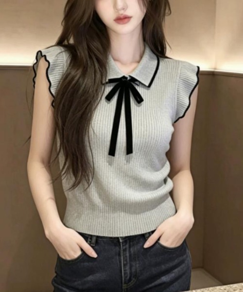 semplice（センプリチェ）の「ポロシャツ【韓国ファッション】（ポロシャツ・レディース・ホワイト/グレー・F）」の2枚目の写真
