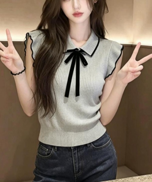 semplice（センプリチェ）の「ポロシャツ【韓国ファッション】（ポロシャツ・レディース・ホワイト/グレー・F）」の3枚目の写真