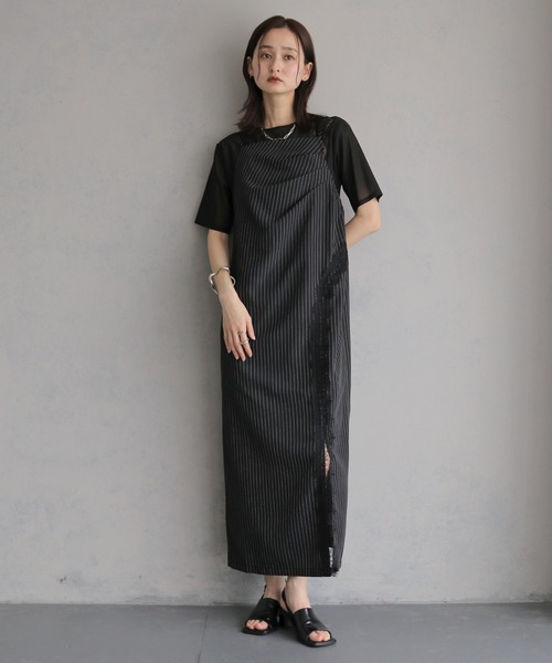 &g'aime(アンジェム)の「【&g'aime 】ストライプキャミワンピース Stripe Camisole One-piece(ワンピース・レディース・ライトグレー/ブラック/チャコールグレー・FREE)」の2枚目の写真