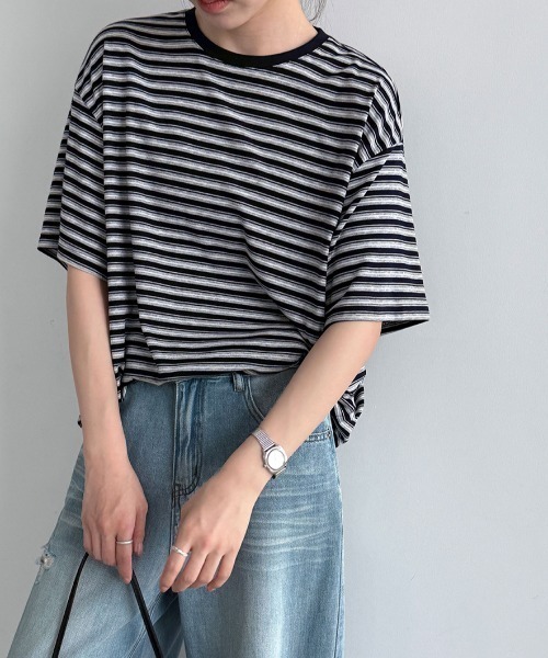 semplice(センプリチェ)の「ボーダー半袖 T シャツ(Tシャツ/カットソー・レディース・ブラック/ネイビー・F)」の8枚目の写真