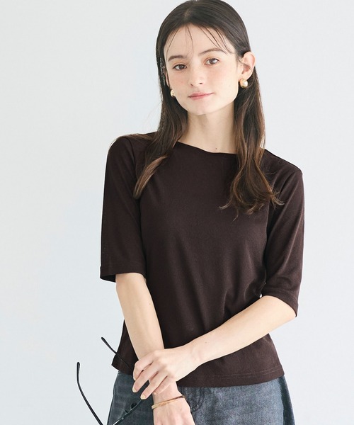 coca(coca)(コカ)の「シアージョーゼット五分袖Tシャツ(Tシャツ/カットソー・レディース・ホワイト/ブラウン/ライトグレー/ドット・M/L/S)」の1枚目の写真
