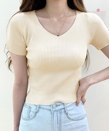 Vネックリブニット