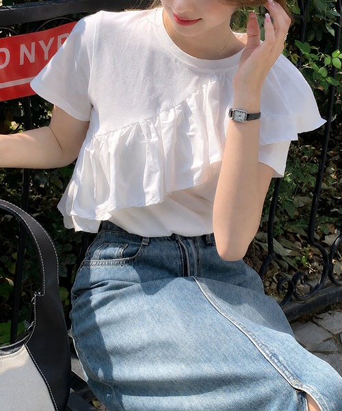 aimoha（アイモハ）の「アシンメトリーフリルTシャツ（Tシャツ/カットソー・レディース・ホワイト・M）」の2枚目の写真