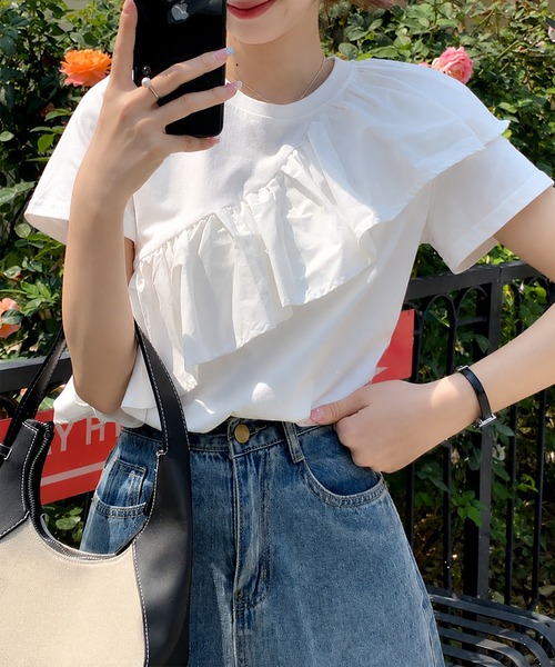 aimoha（アイモハ）の「アシンメトリーフリルTシャツ（Tシャツ/カットソー・レディース・ホワイト・M）」の4枚目の写真
