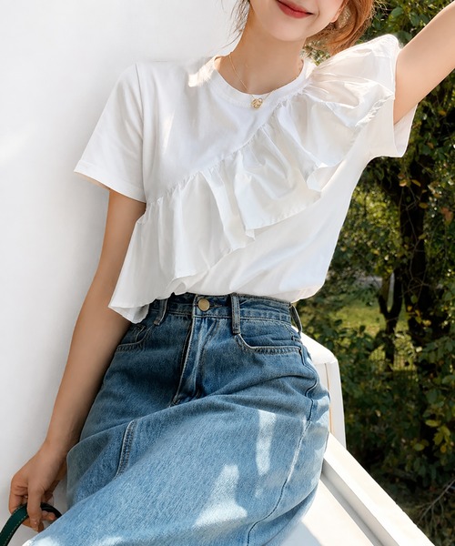 aimoha（アイモハ）の「アシンメトリーフリルTシャツ（Tシャツ/カットソー・レディース・ホワイト・M）」の3枚目の写真
