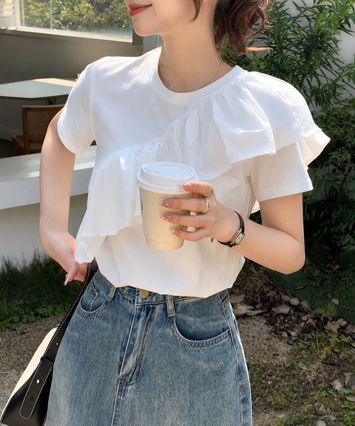 aimoha（アイモハ）の「アシンメトリーフリルTシャツ（Tシャツ/カットソー・レディース・ホワイト・M）」の5枚目の写真